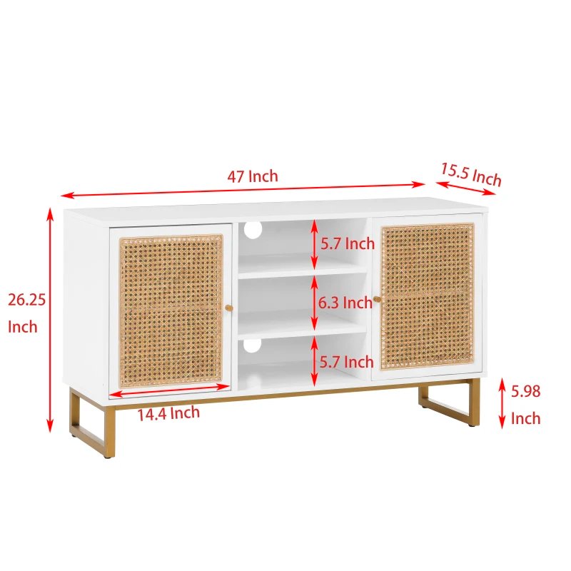 47 inch medieval modern rattan TV stand with adjustable shelving, living room media console, storage cabinet