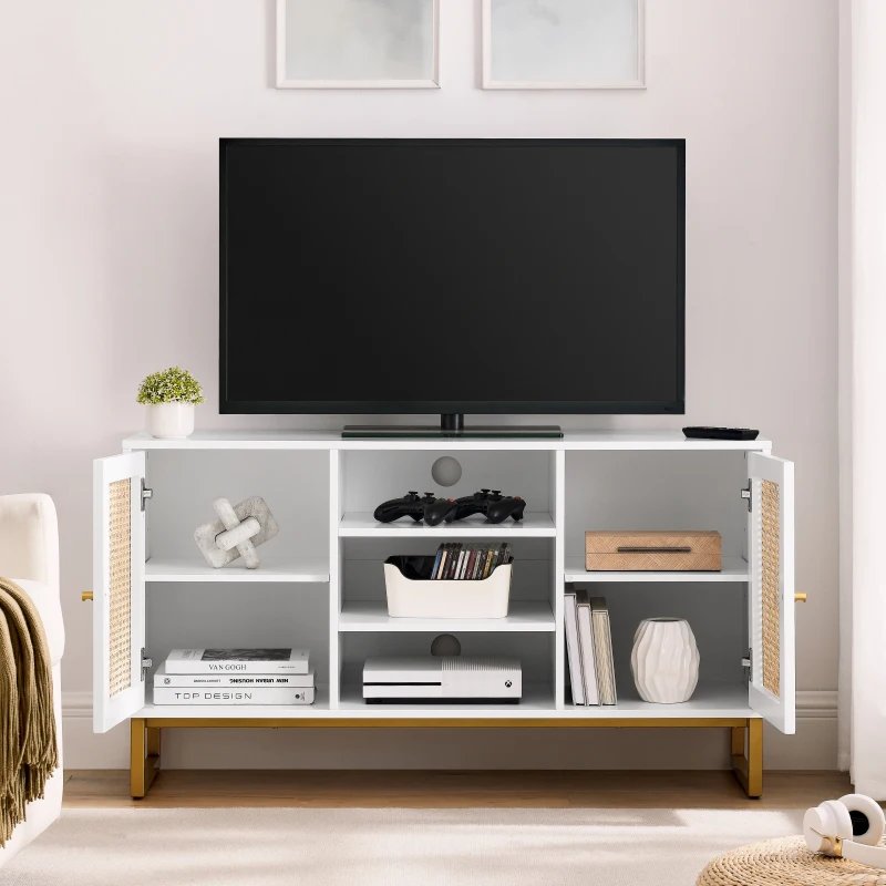 47 inch medieval modern rattan TV stand with adjustable shelving, living room media console, storage cabinet