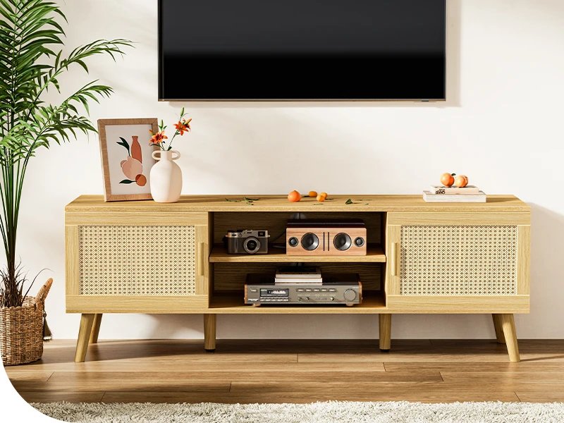 4 Cord Holes Home Furniture for Tv Solid Wood Feet Rattan TV Console With 2 Cabinets Entertainment Center With Adjustable Shelf