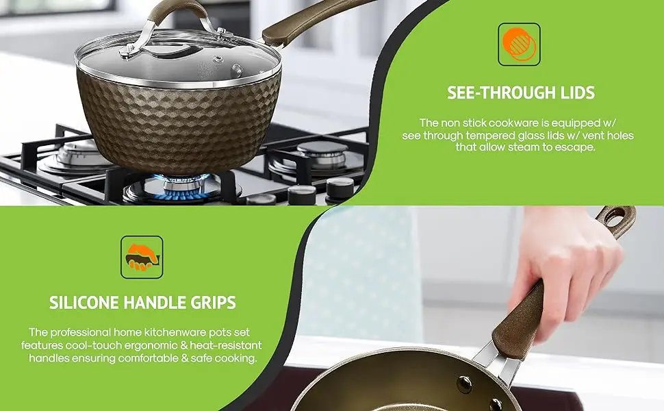 11-Piece Nonstick Kitchen Cookware Set - PTFE/PFOA/PFOS-Free Heat Resistant Kitchen Ware Pots Pan Set