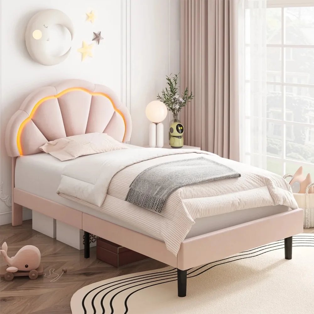 Modern Twin Size Velvet Upholstered Platform LED Bed