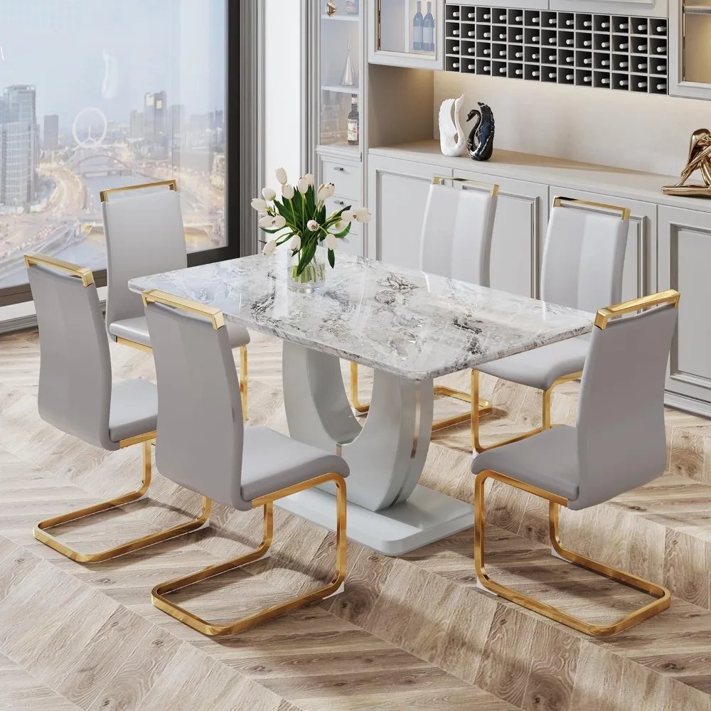 Dining Table Set for 6 Table Set with Faux Marble