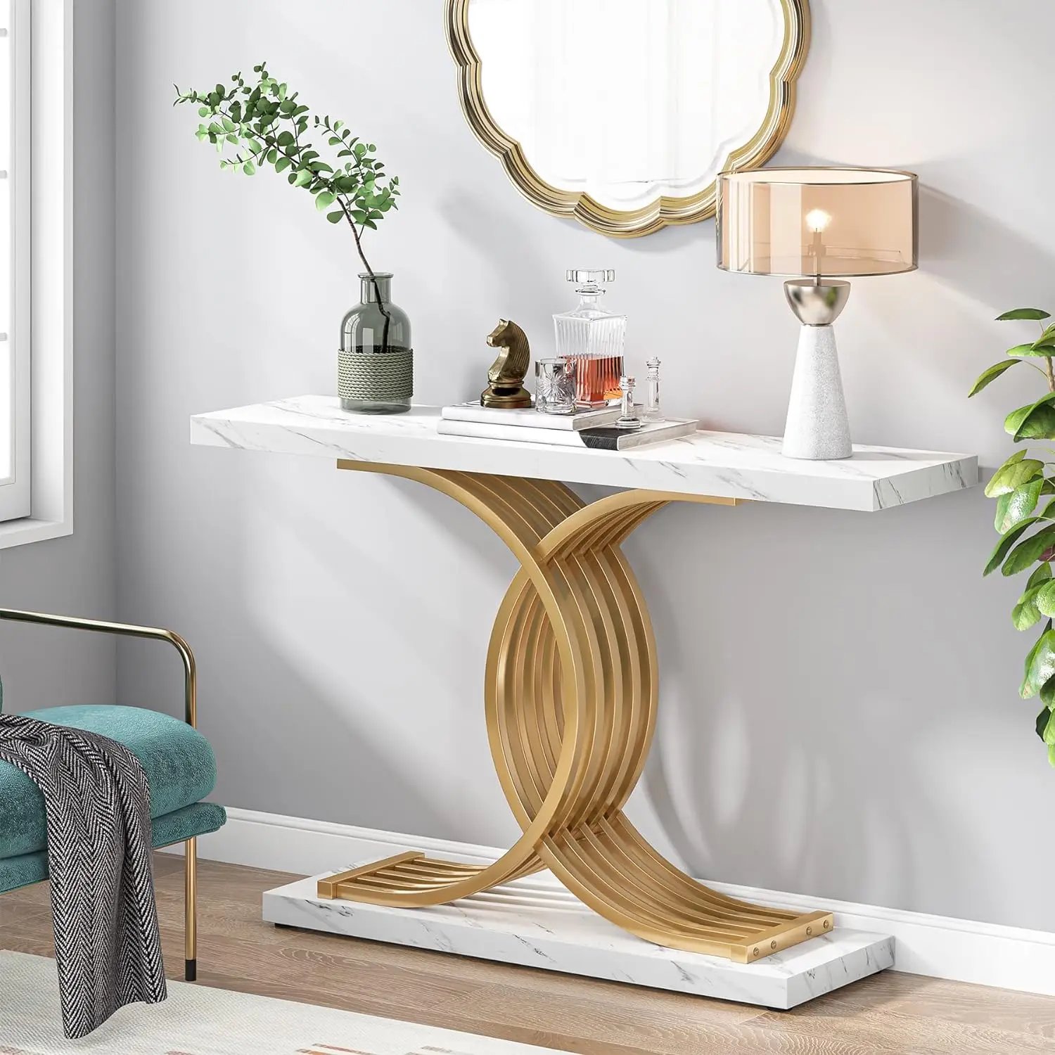 Accent Table with Geometric Metal Legs Faux Marble