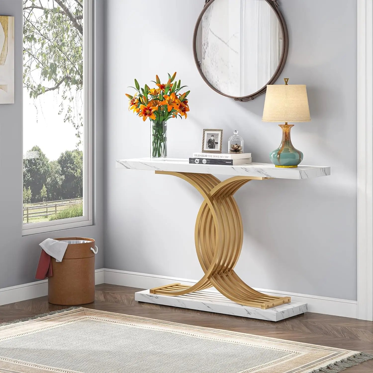 Accent Table with Geometric Metal Legs Faux Marble