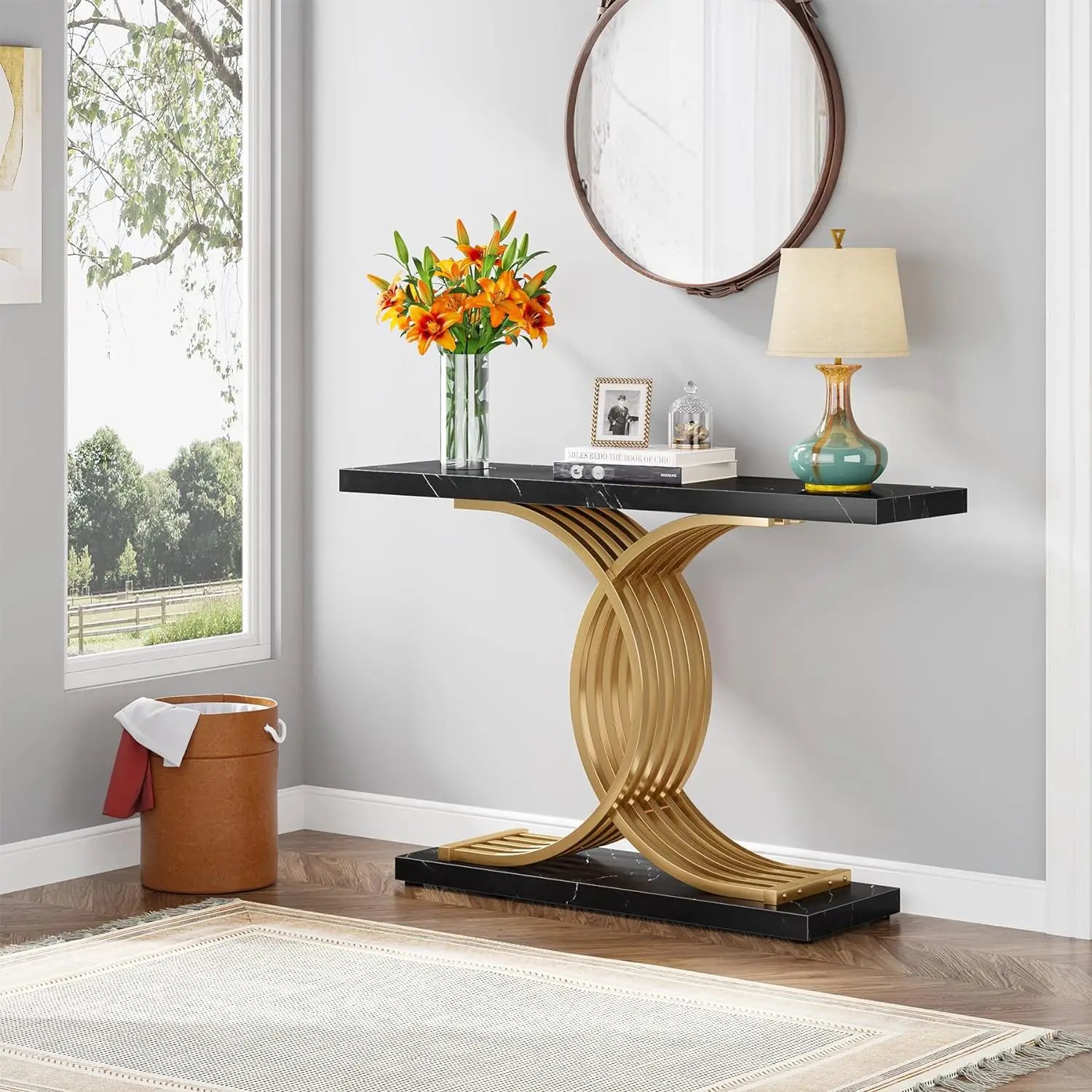 Accent Table with Geometric Metal Legs Faux Marble