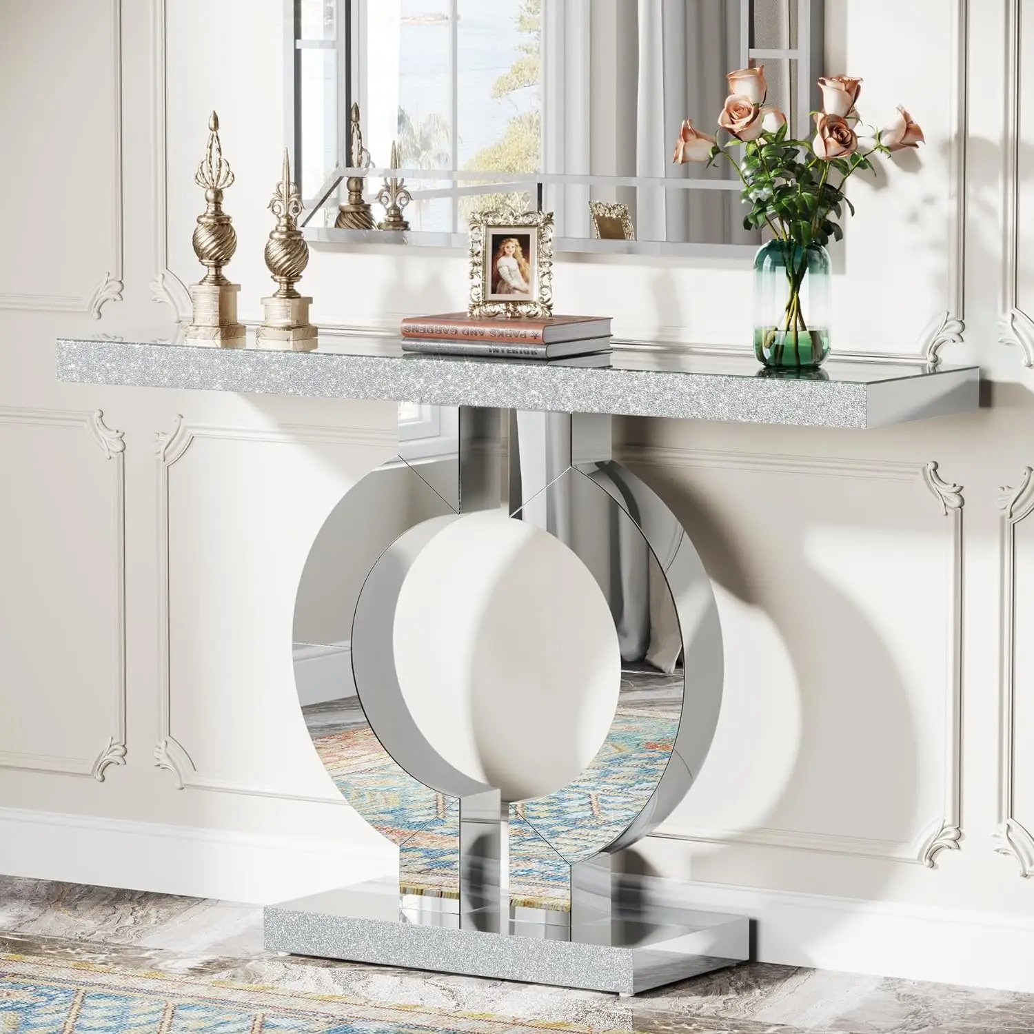 Mirrored Console Table with O-Shaped Base