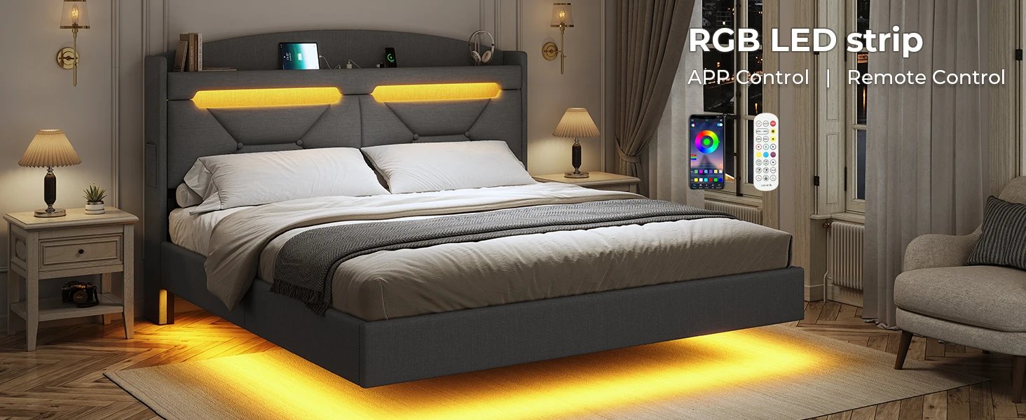 Floating LED Bed King Size with USB-C/A Charging