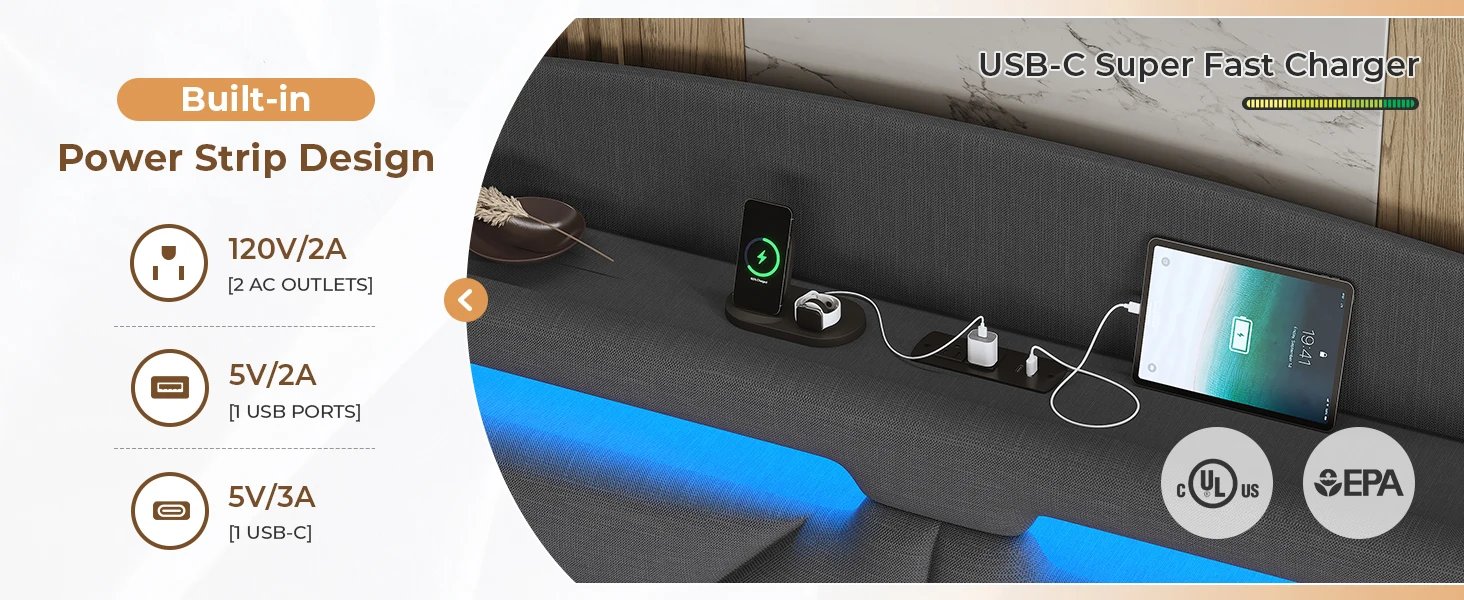 Floating LED Bed King Size with USB-C/A Charging