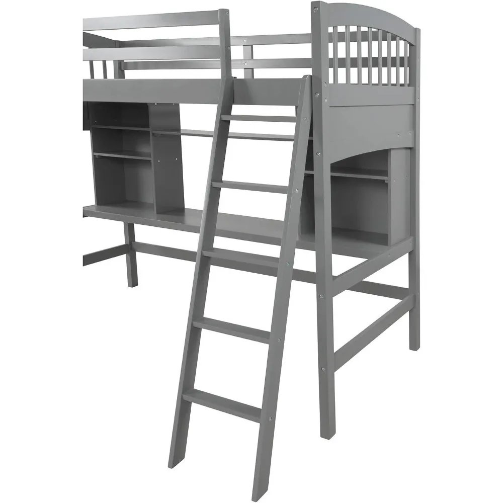 Twin Loft Bed with Desk & Solid Wooden Shelves