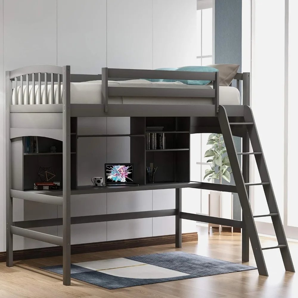 Twin Loft Bed with Desk & Solid Wooden Shelves