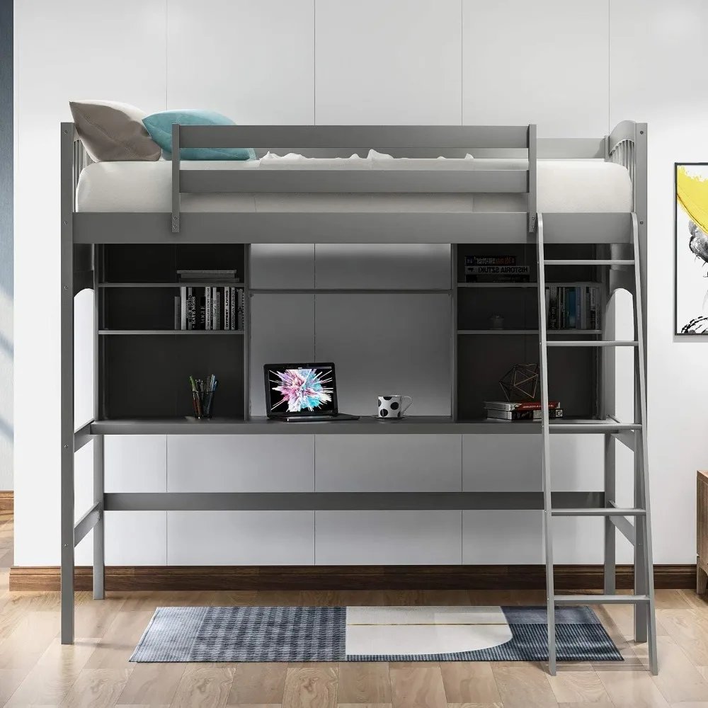 Twin Loft Bed with Desk & Solid Wooden Shelves