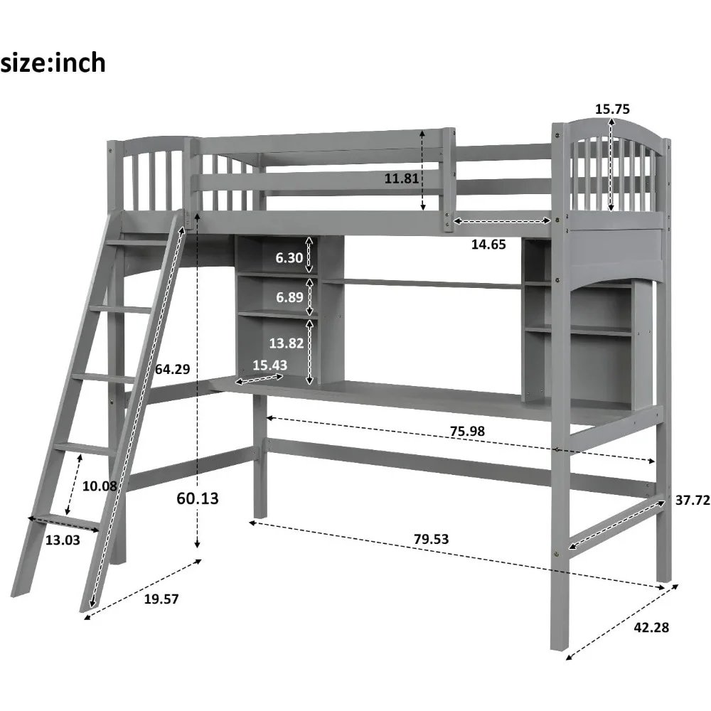 Twin Loft Bed with Desk & Solid Wooden Shelves