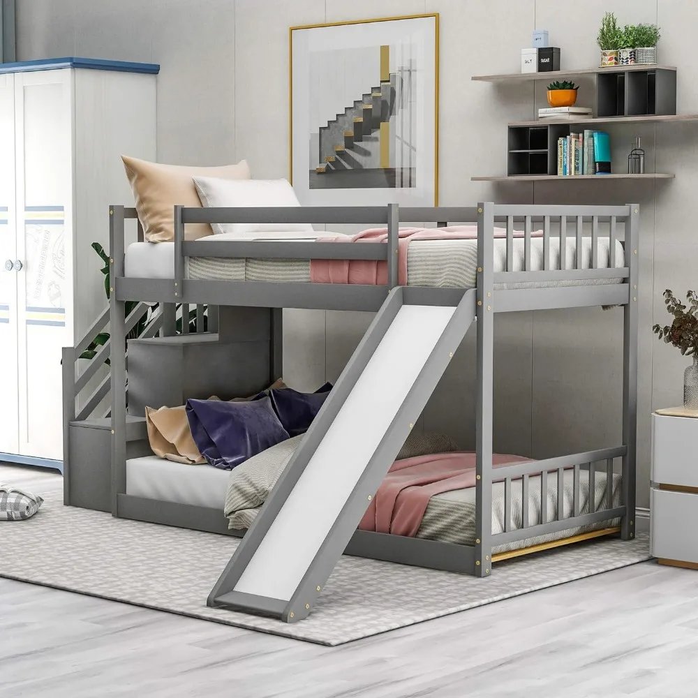 Wooden Low Bunk Bed with Safety Guardrails