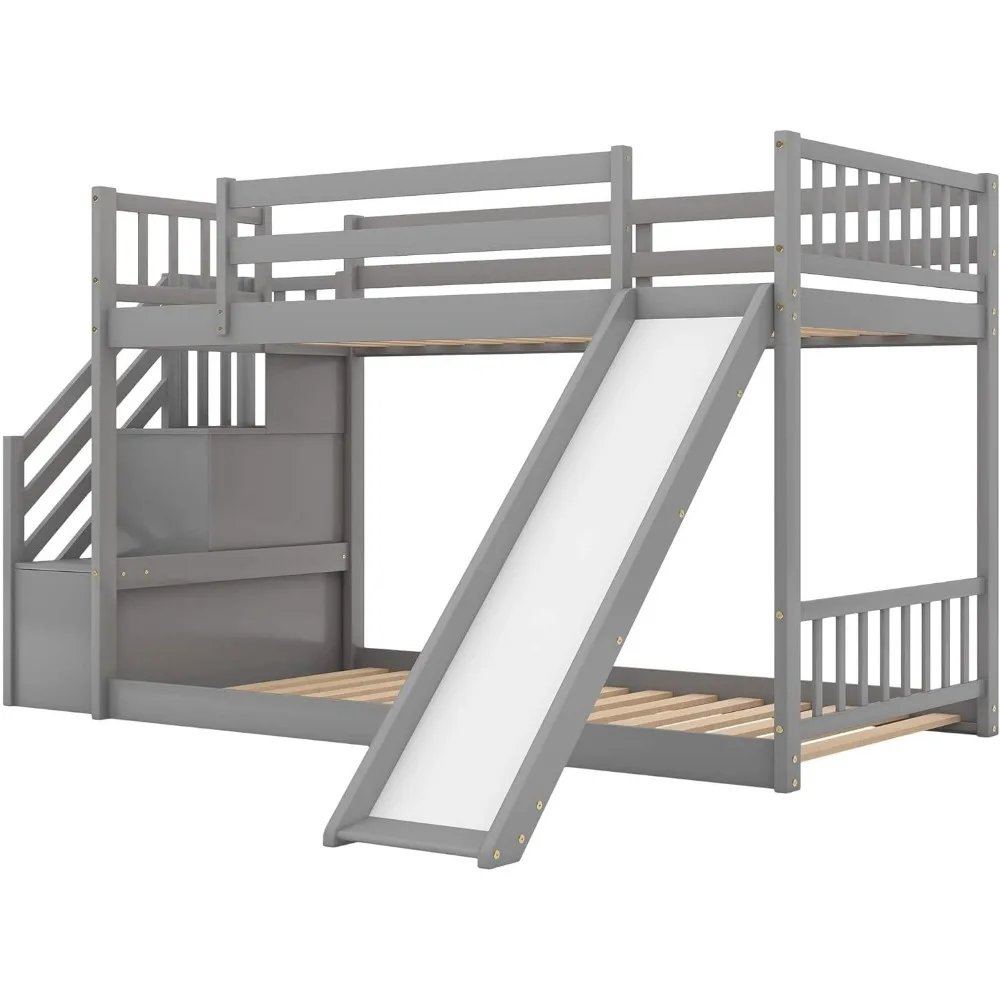 Wooden Low Bunk Bed with Safety Guardrails