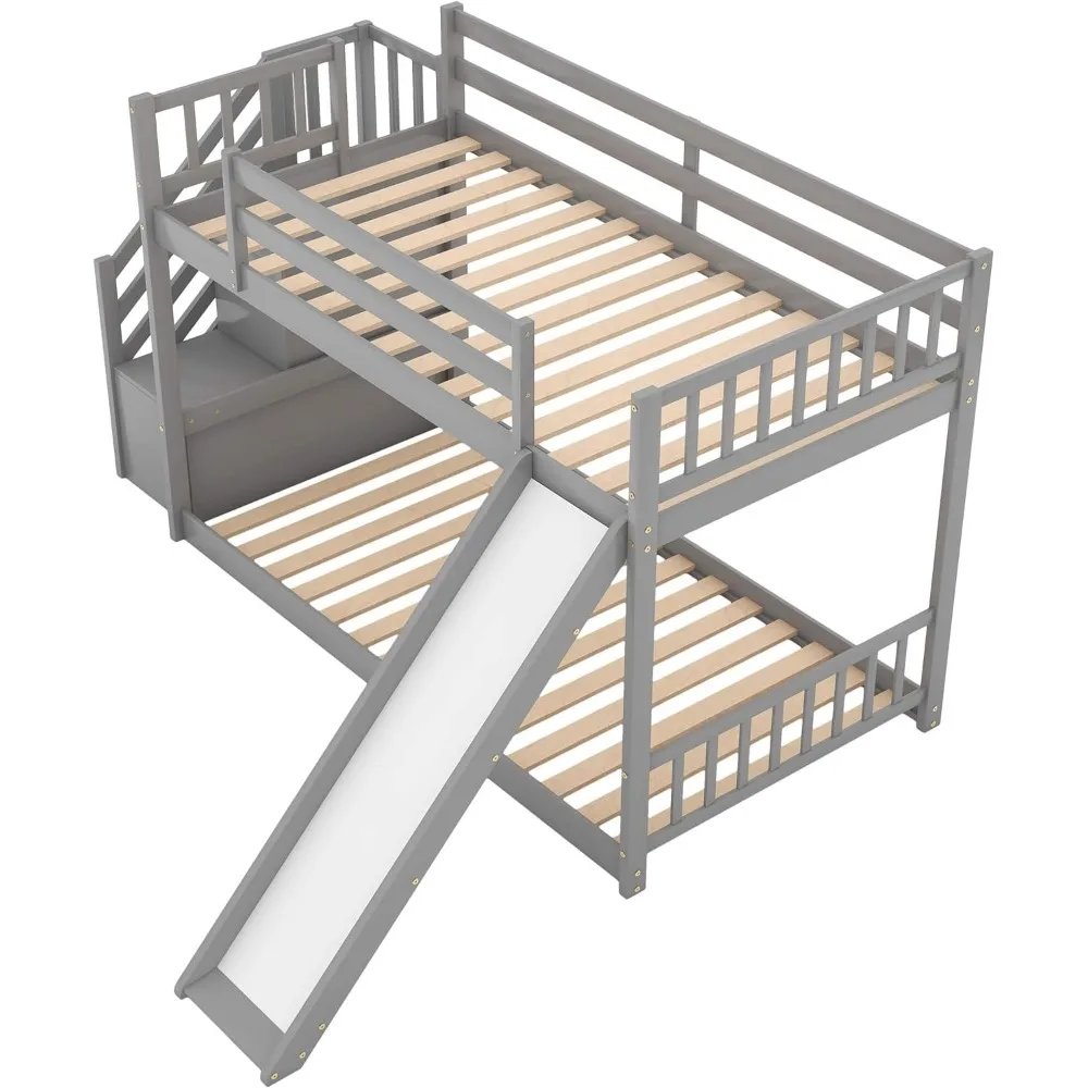 Wooden Low Bunk Bed with Safety Guardrails