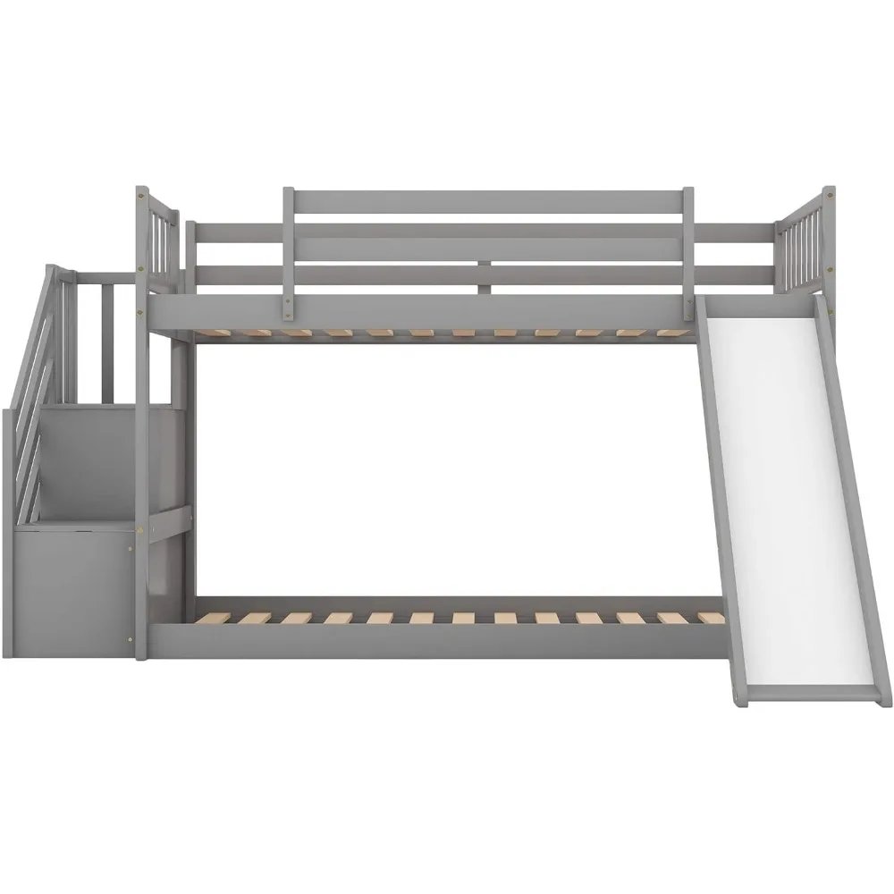 Wooden Low Bunk Bed with Safety Guardrails