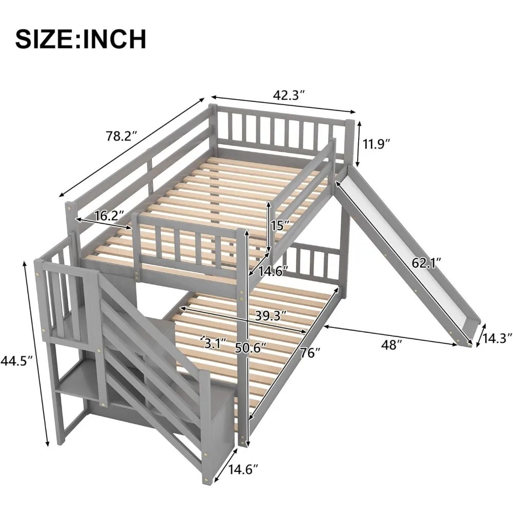 Wooden Low Bunk Bed with Safety Guardrails