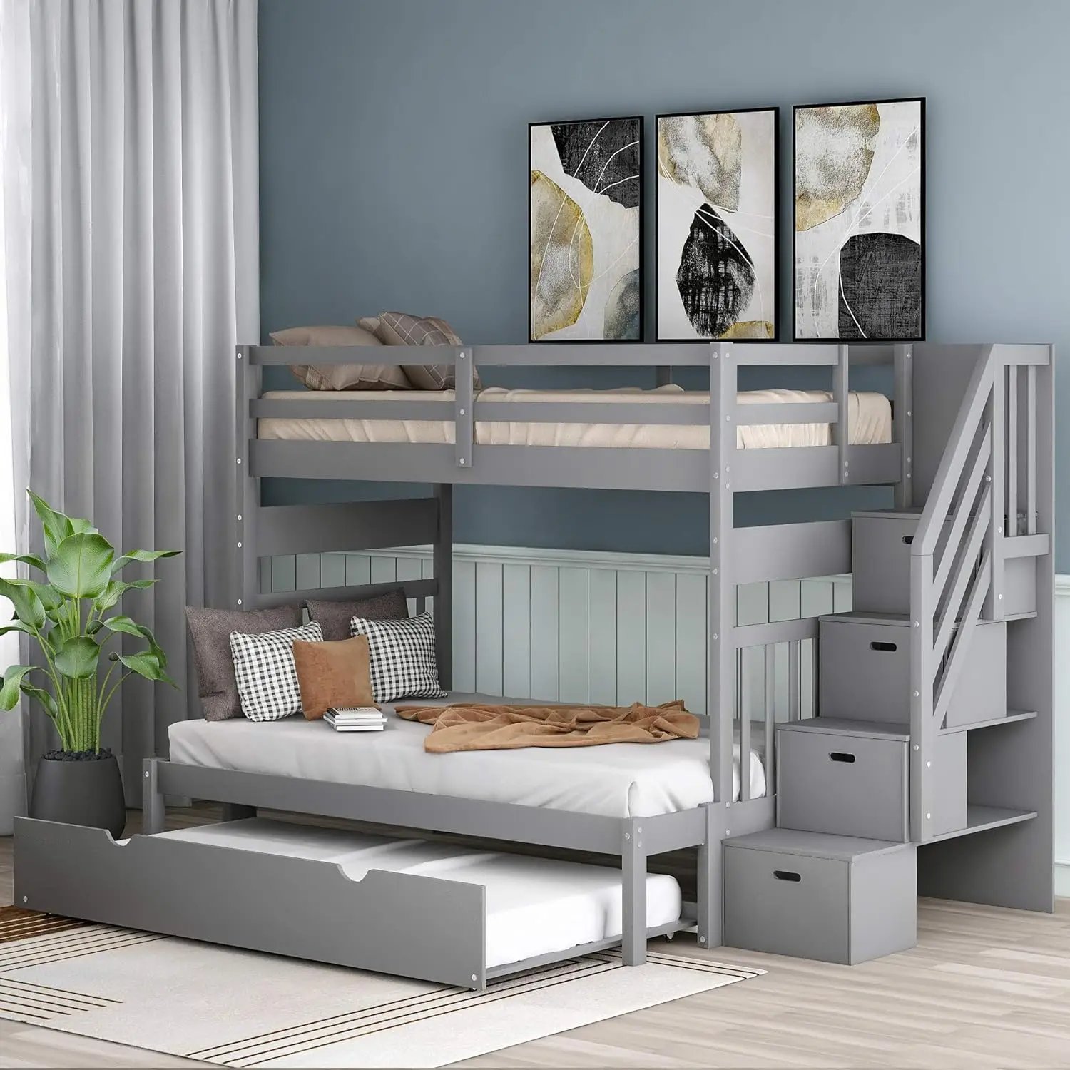 Twin Over Twin/Full Bunk Bed with Stairs Storage and Trundle