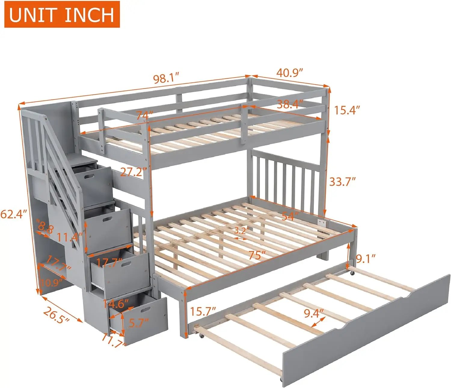 Twin Over Twin/Full Bunk Bed with Stairs Storage and Trundle