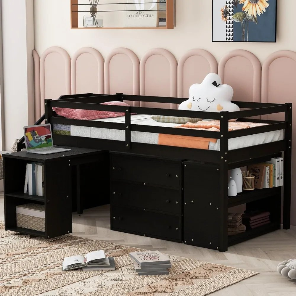 Twin Size Low Loft Bed with Stairs and Rolling Desk Wooden Kids Twin Loft Bed