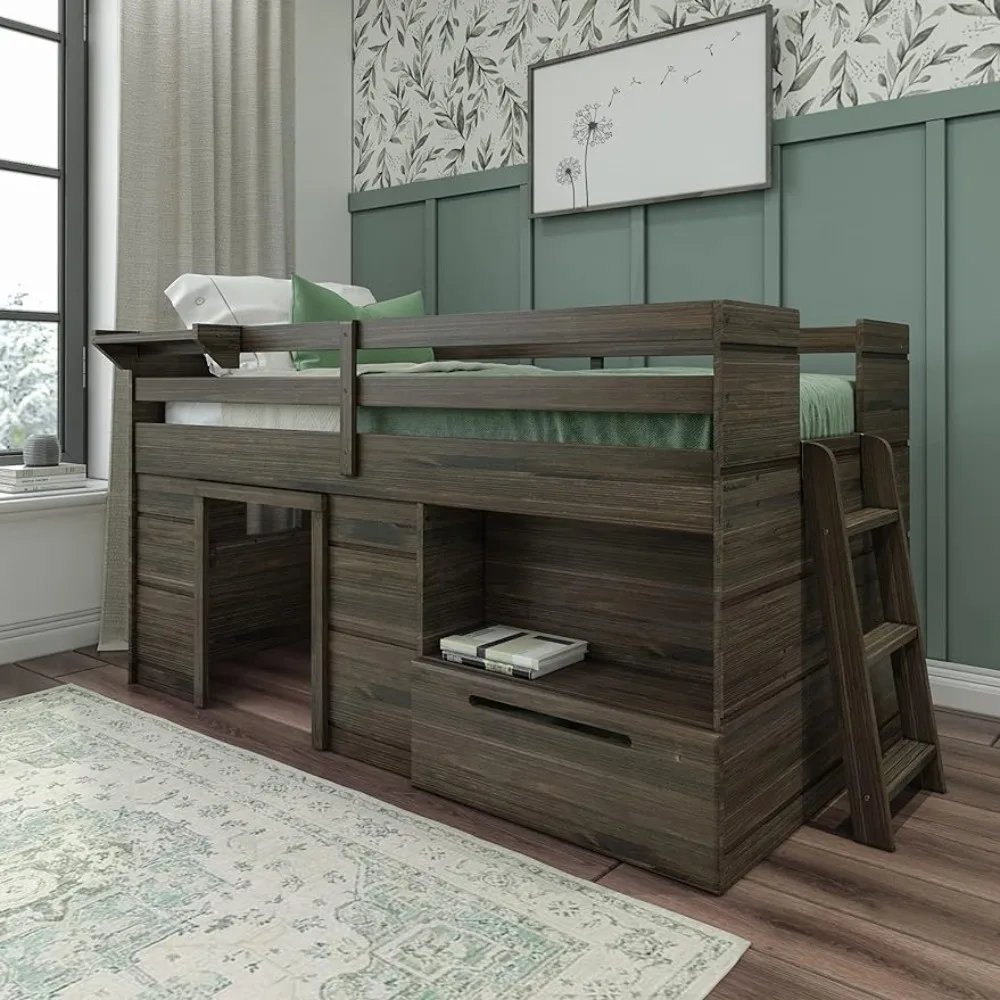 Modern Solid Wooden Bed with Drawer & Ladder