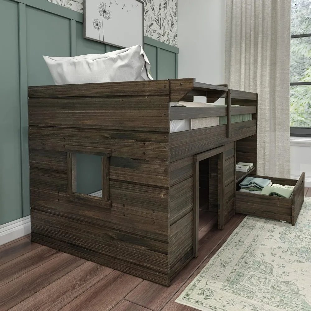 Modern Solid Wooden Bed with Drawer & Ladder