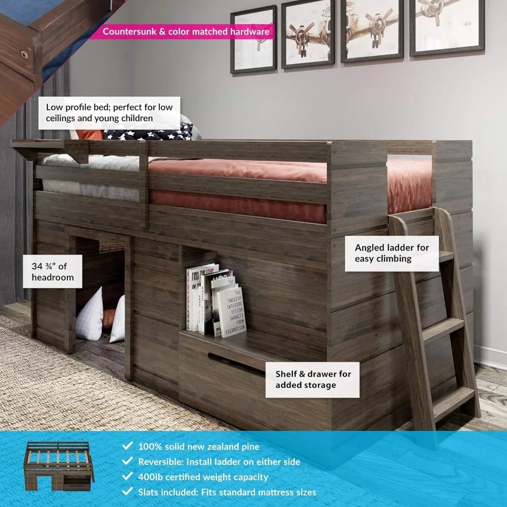 Modern Solid Wooden Bed with Drawer & Ladder