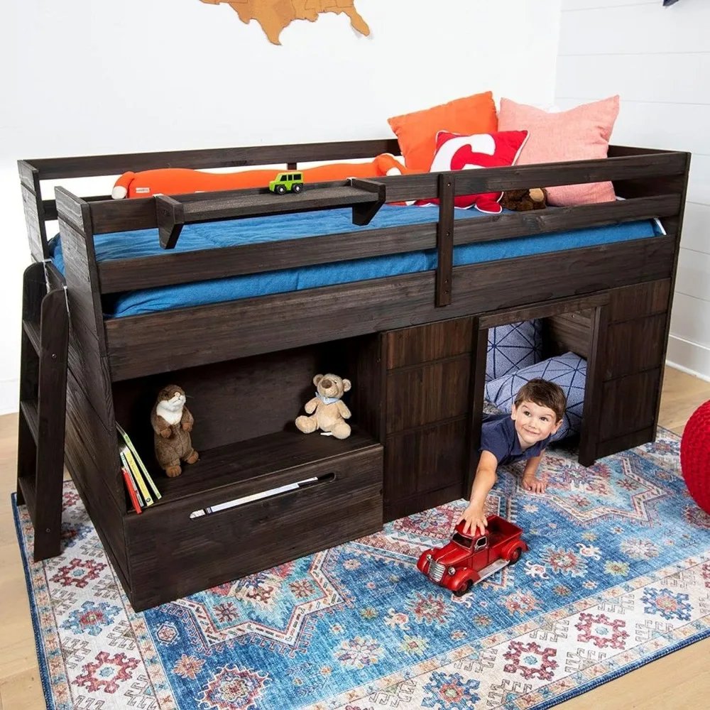 Modern Solid Wooden Bed with Drawer & Ladder