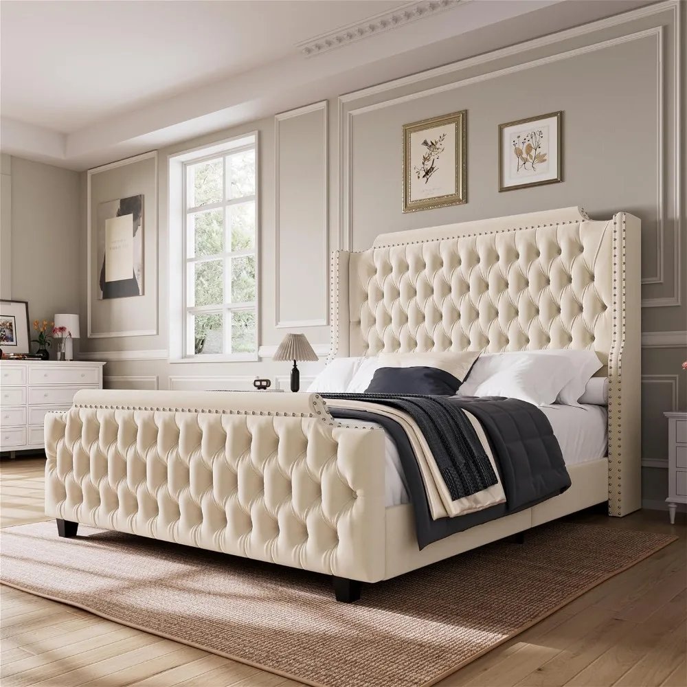 Queen Bed Frame With Deep Button Tufted Footboard Wingback Headboard