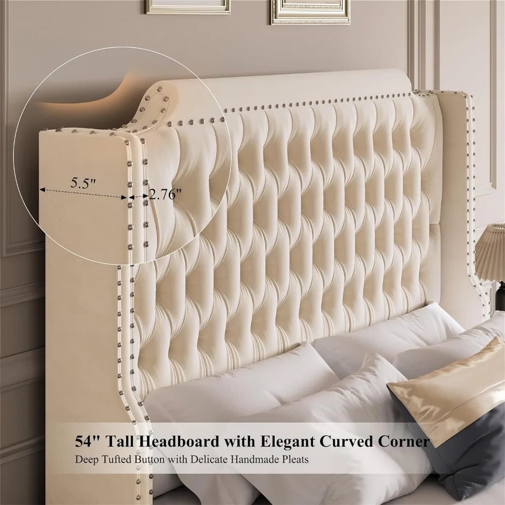 Queen Bed Frame With Deep Button Tufted Footboard Wingback Headboard