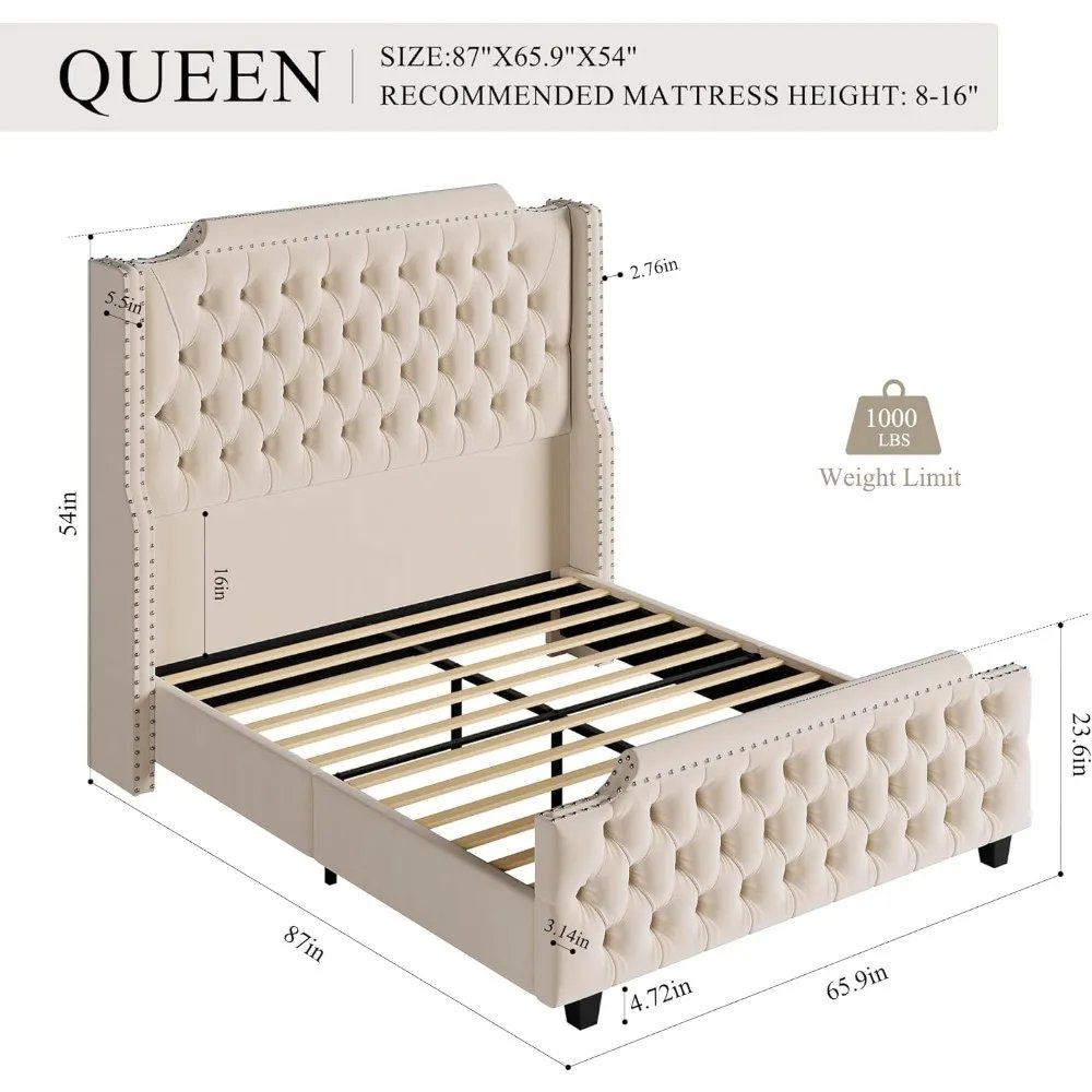 Queen Bed Frame With Deep Button Tufted Footboard Wingback Headboard