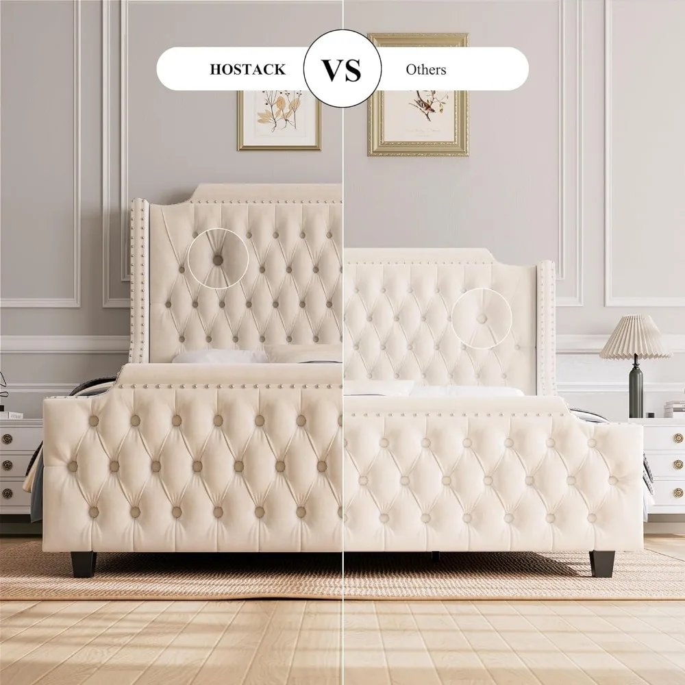 Queen Bed Frame With Deep Button Tufted Footboard Wingback Headboard