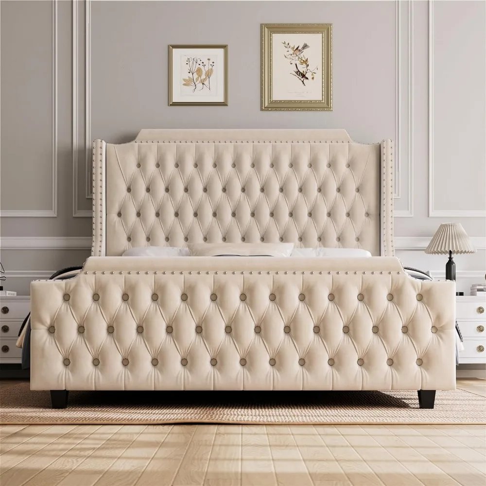 Queen Bed Frame With Deep Button Tufted Footboard Wingback Headboard