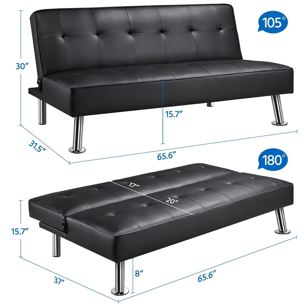 Easy fashion Convertible Black Faux Leather Futon Sofa Bed