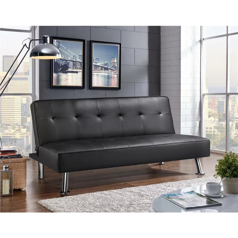 Easy fashion Convertible Black Faux Leather Futon Sofa Bed