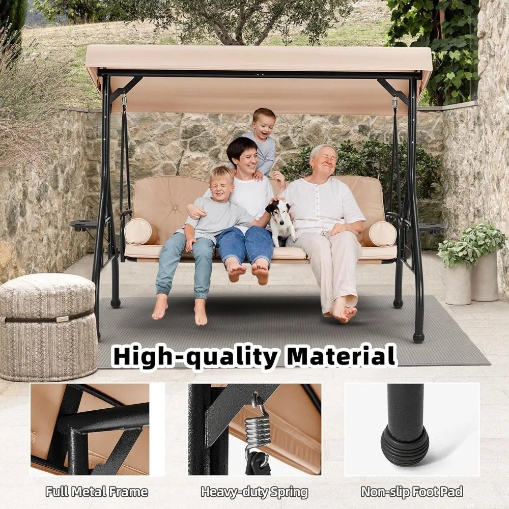 3 Seat Outdoor Porch Swing, Adjustable Canopy Porch Swings,Outdoor Swing with Stand, Patio Glider Chair with Thicken Cushions