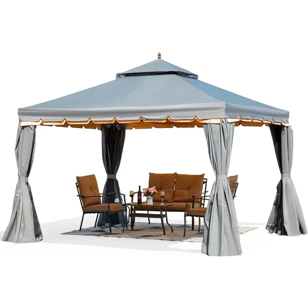 10' x 12' Patio Gazebo, Canopy, Double Roof Patios Gazebos Steel Frame with Netting and Shade Curtains for Garden, Patio Gazebo