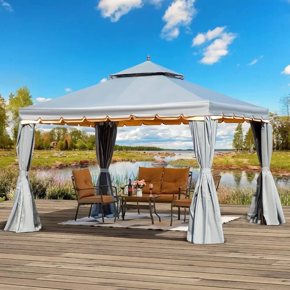 10' x 12' Patio Gazebo, Canopy, Double Roof Patios Gazebos Steel Frame with Netting and Shade Curtains for Garden, Patio Gazebo