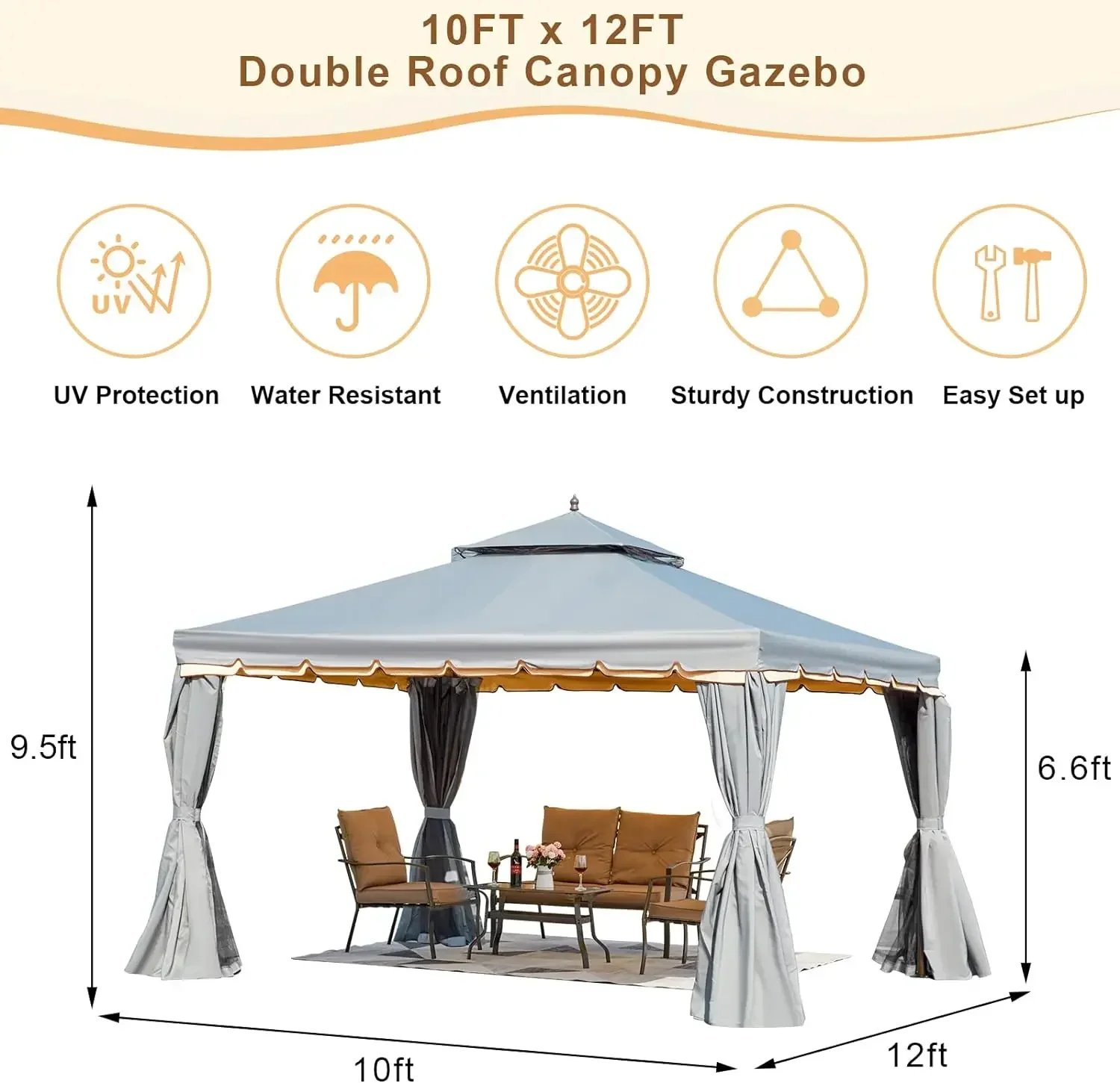 10' x 12' Patio Gazebo, Canopy, Double Roof Patios Gazebos Steel Frame with Netting and Shade Curtains for Garden, Patio Gazebo