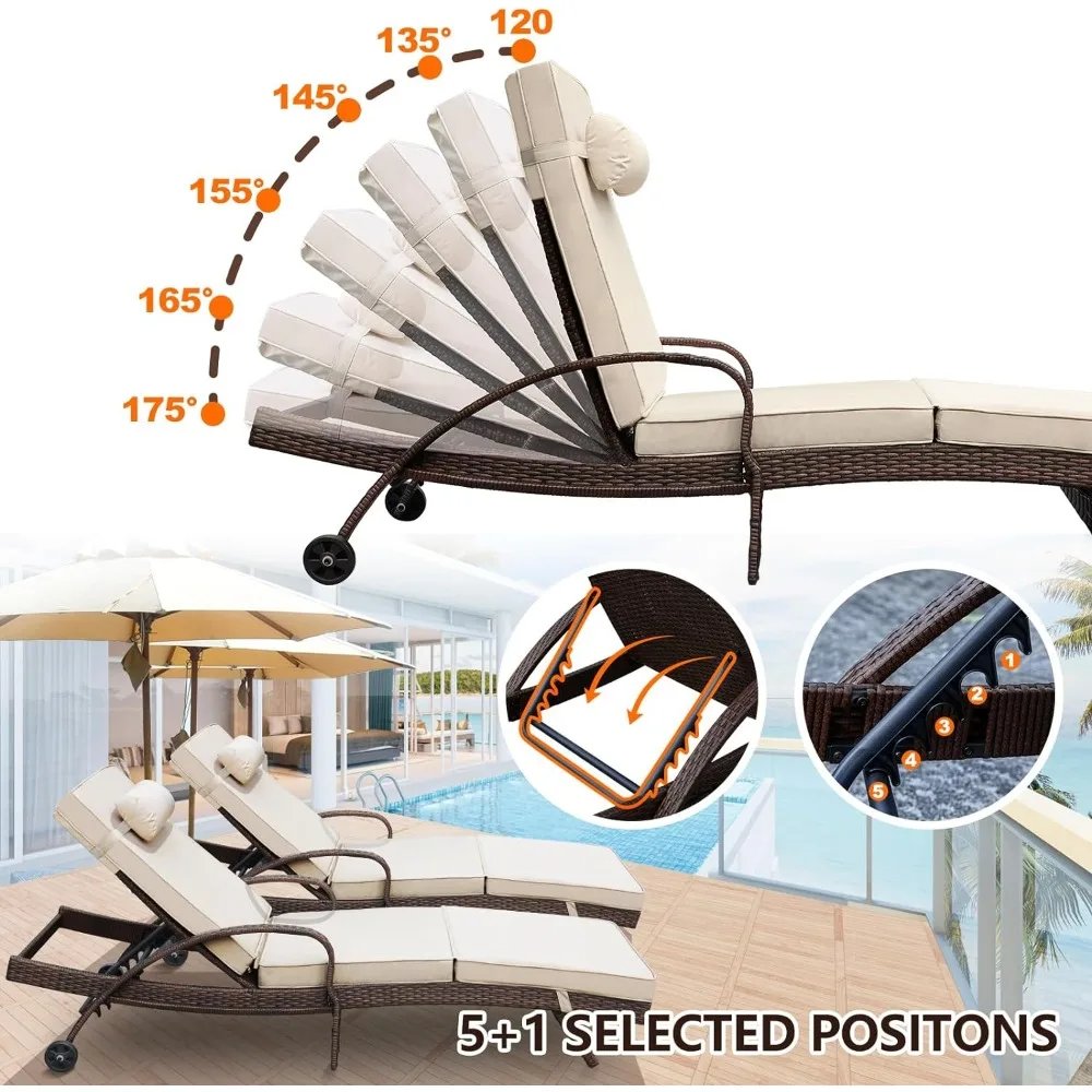 Outdoor Lounge Chairs Set of 2 Beach Wicker Chaise Lounge with Wheels, Cushion, Adjustable Backrest and Pillow, Beach Chair