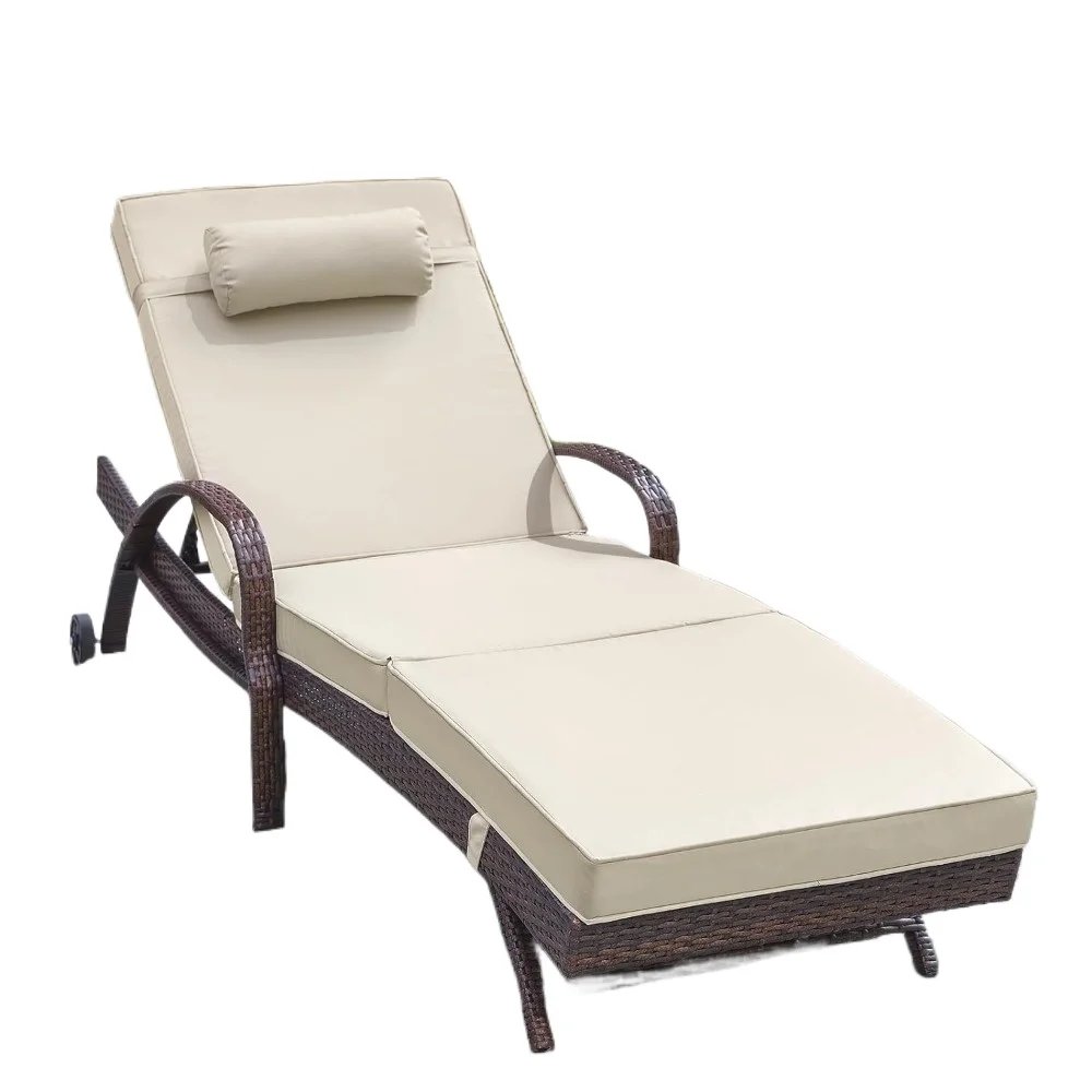 Outdoor Lounge Chairs Set of 2 Beach Wicker Chaise Lounge with Wheels, Cushion, Adjustable Backrest and Pillow, Beach Chair