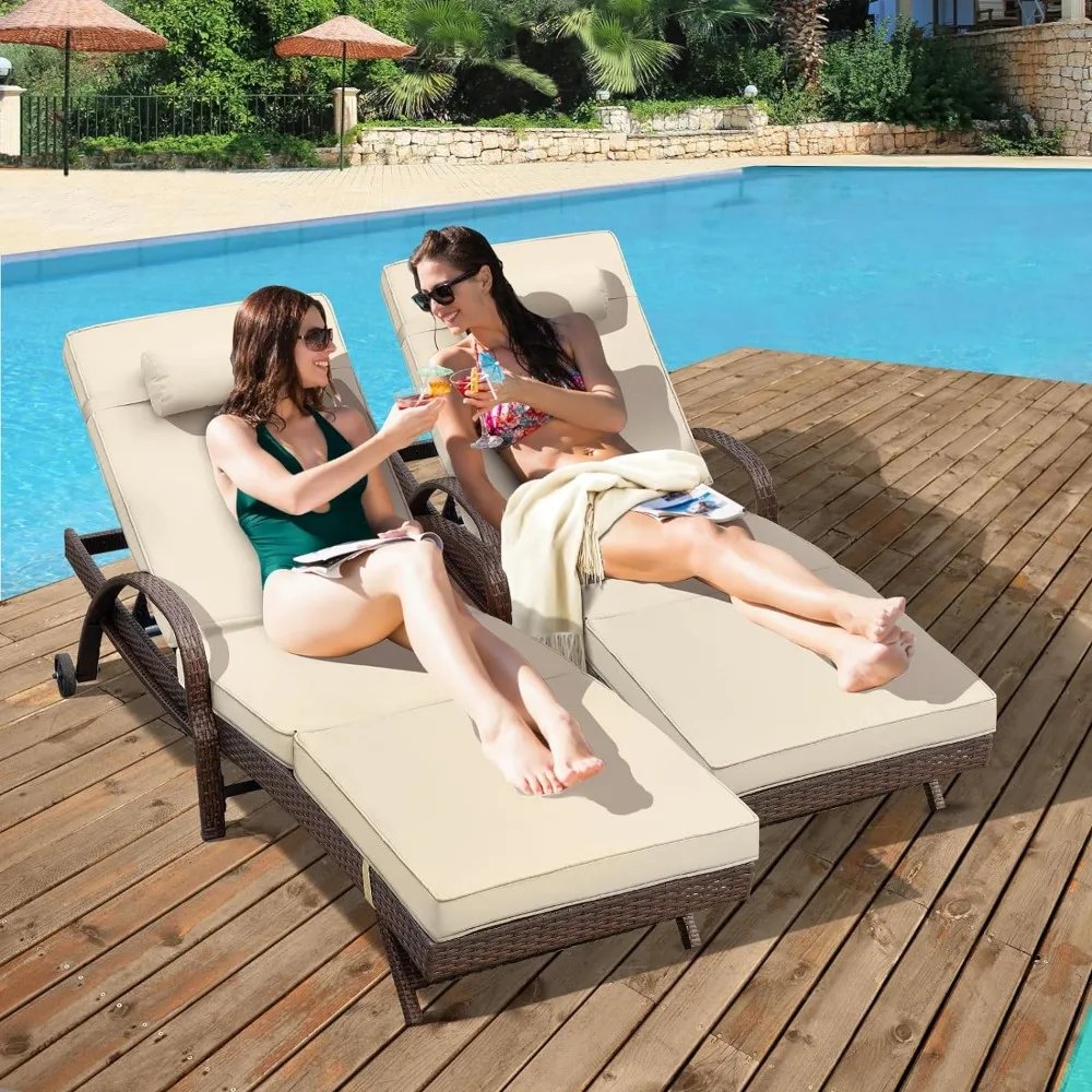 Outdoor Lounge Chairs Set of 2 Beach Wicker Chaise Lounge with Wheels, Cushion, Adjustable Backrest and Pillow, Beach Chair