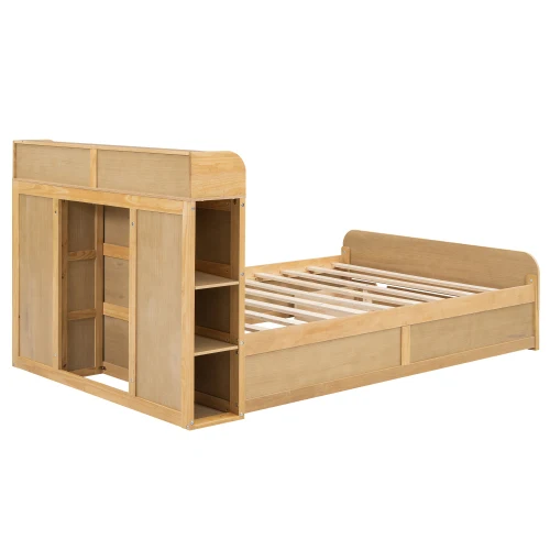 Full Size Platform Bed with Storage Headboard and a Big Drawer, Wood Color