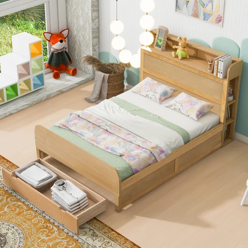 Full Size Platform Bed with Storage Headboard and a Big Drawer, Wood Color