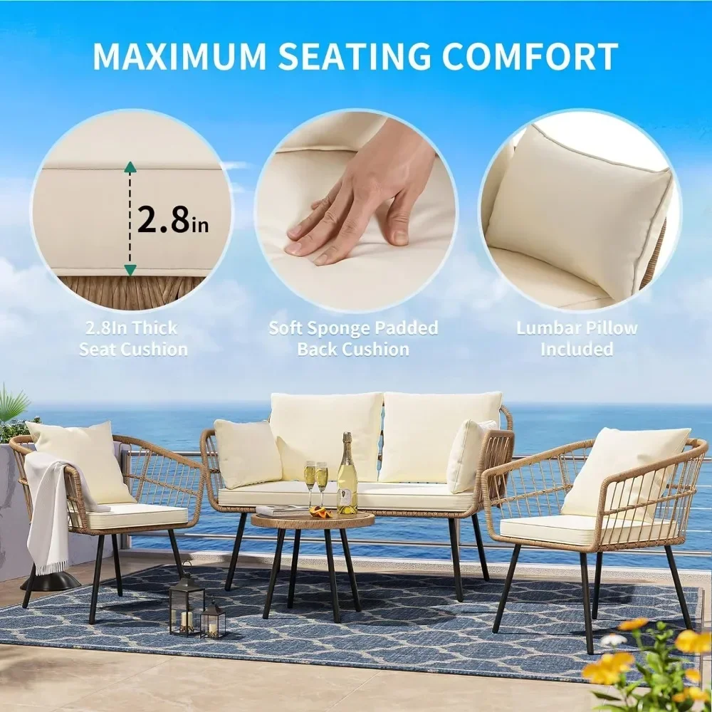Outdoor Sofa Set 4 with Loveseat Chairs Table Soft Cushions, Outdoor All-Weather Rattan Conversation Set