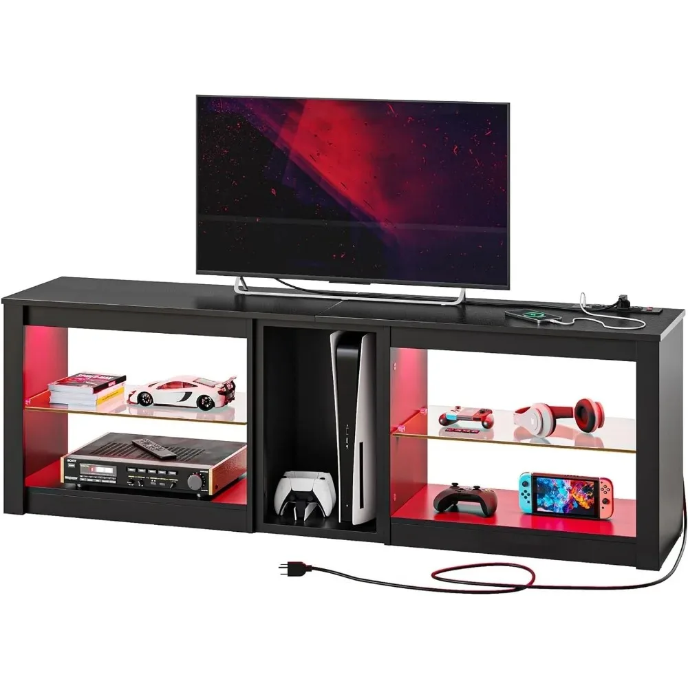 TV Stand for 70-inch TV, with Power Outlets, LED Entertainment Center, Gaming TV Consoles with Glass Shelves for Living Room